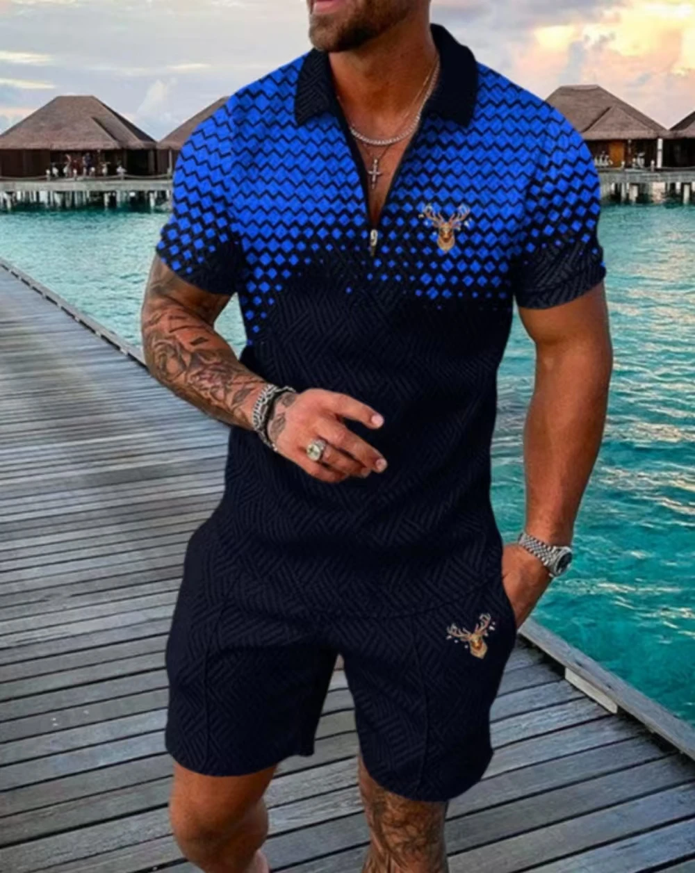 2025 Men's fashion leisure beach short sleeve animal print suit lapel zipper breathable a variety of style suit