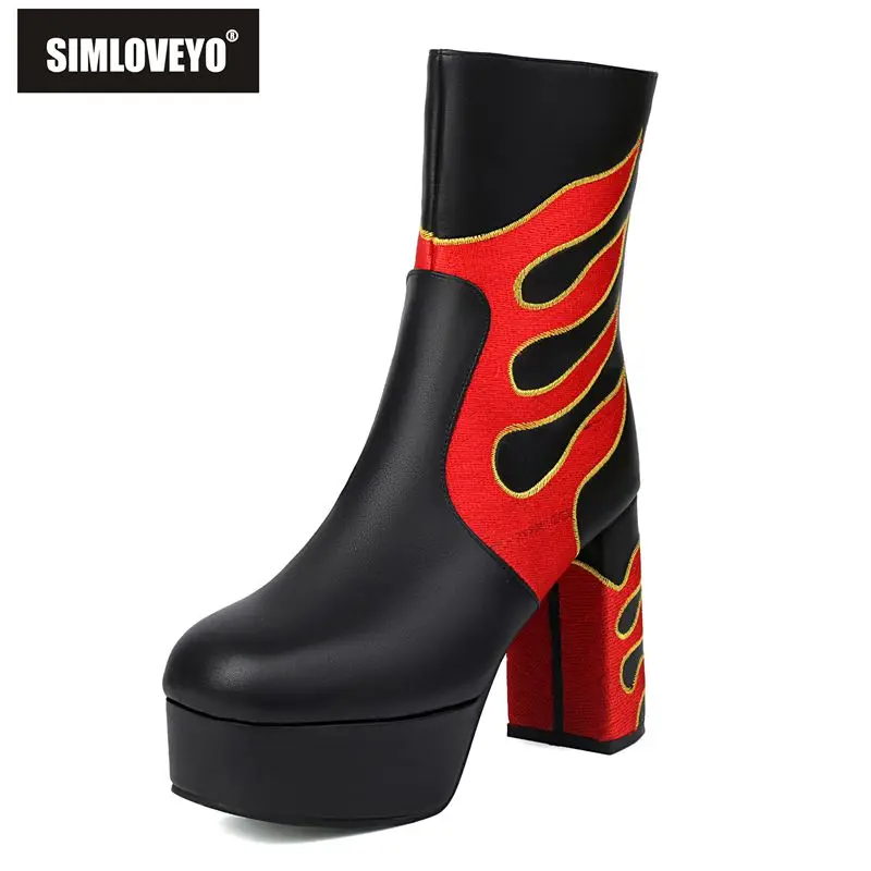 SIMLOVEYO Mixed Color Female Ankle Boots Round Toe Chunky Heels 10.5cm Platform 4cm Zipper Plus Size 42 43 Fashion Dating Bota