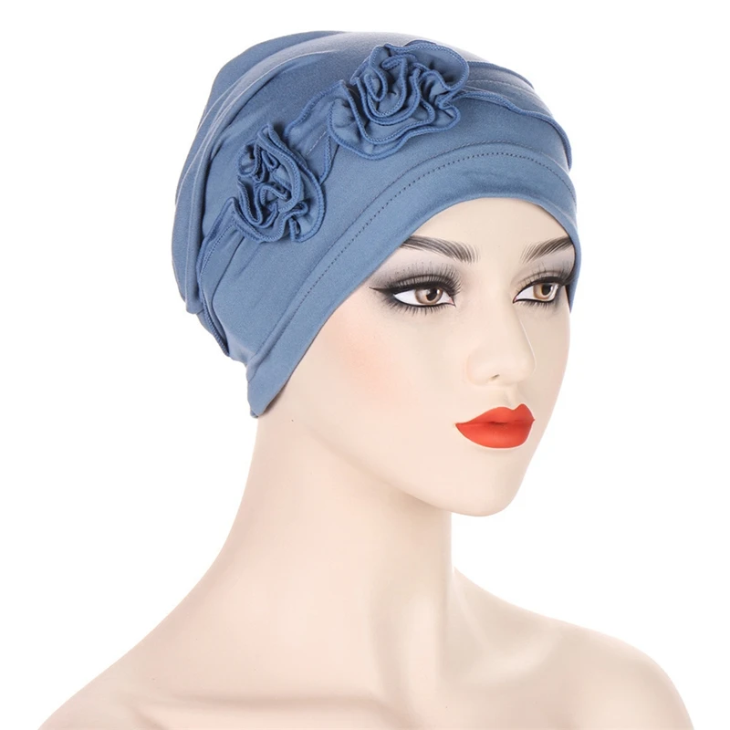 3D Flowers Turban Cap Beanies for Women Muslim Hijab Head Cover Ladies Solid Color India Cap Bandanas Hair Loss Cancer Chemo Cap