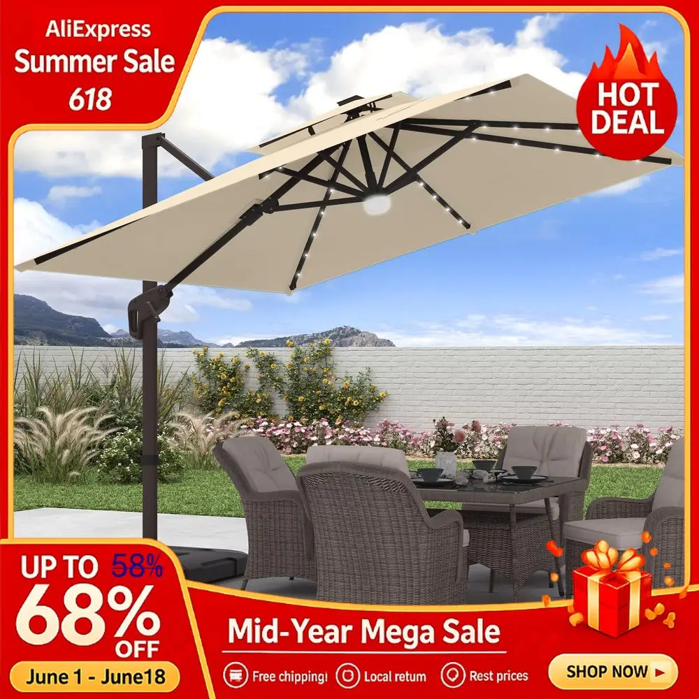 

Outdoor Cantilever Patio Umbrella with Base Included and Solar LED Lights, Large Heavy Duty 2Tier Square Aluminum Offset, Custom