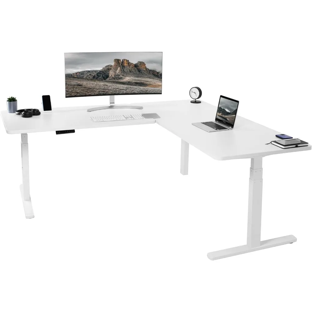 

Corner Stand Up Desk: Electric Height Adjustable, 77 x 71 inches, Dual 30 inch Deep White Tops, White Frame, Memory Control