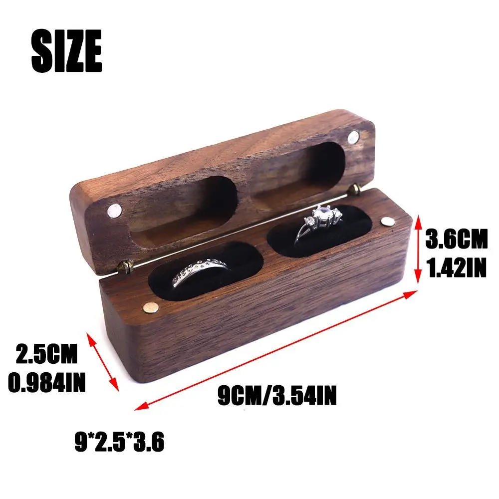Walnut Wood Ring Box Rustic 2-Slot Flip Cover Storage Box Reusable Rectangular Wedding Ring Case Valentine's Day