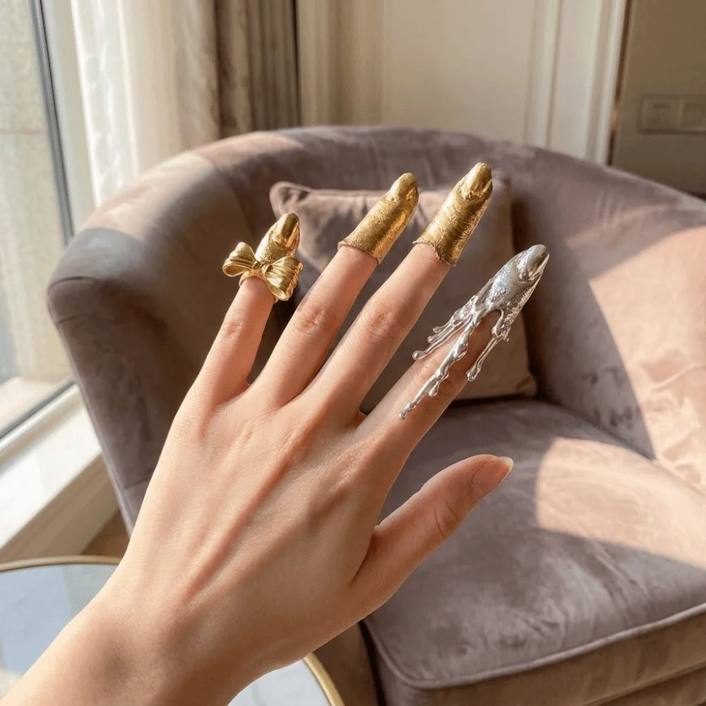 Fashion Irregular Texture Lava Drop Ring Bowknot Alloy Nail Sleeve Vintage Niche Design Armor Ring Wedding