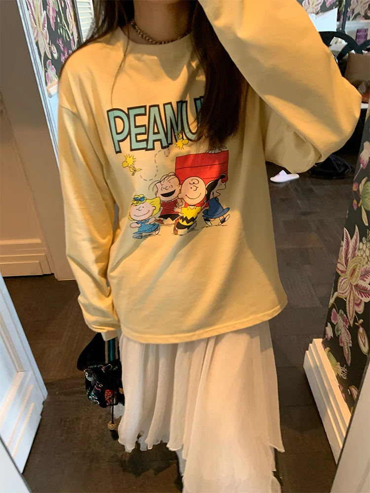 

Yellow Long Sve Women's Base irt round Ne Oversized T-irt Cassionate Simple Sle Korean Commute Sle Spring New...