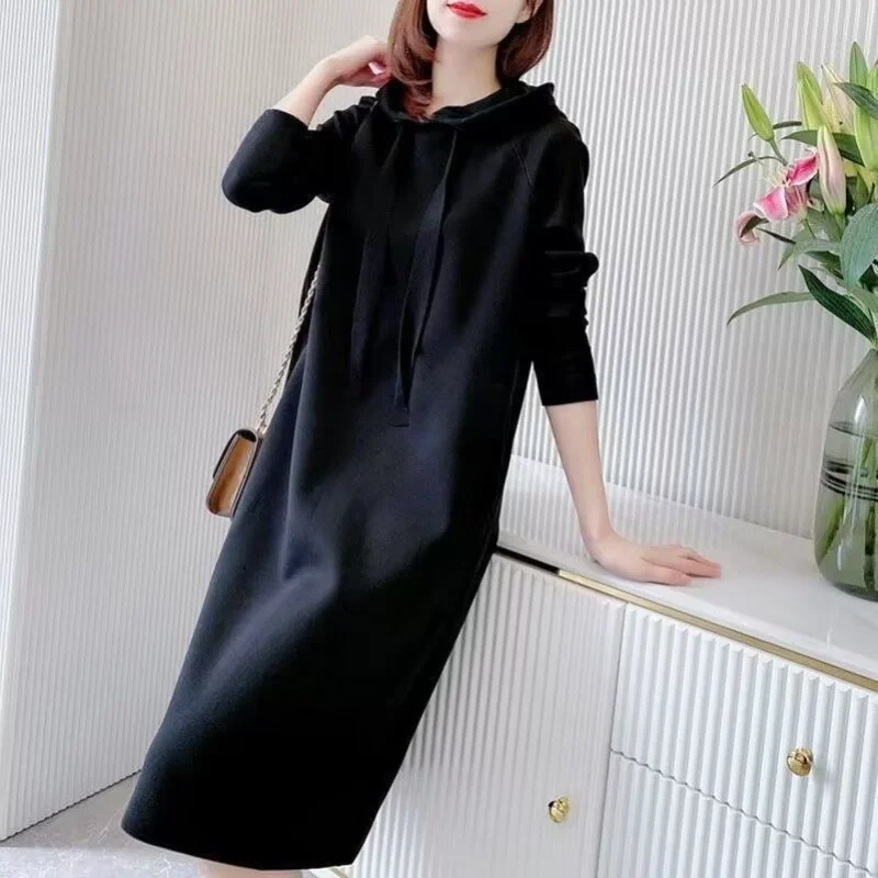 

New Autumn Style Hooded Sweatshirt Dress with Large Size Women's Fashion Loose Slimming Mid-length Base