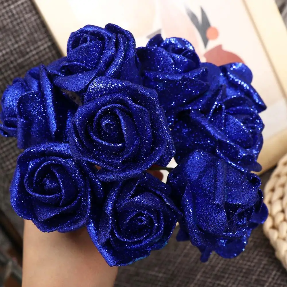 Bouquet da sposa da 10 pezzi con polvere glitterata rose blu rose artificiali fiori artificiali decorazione rose in schiuma