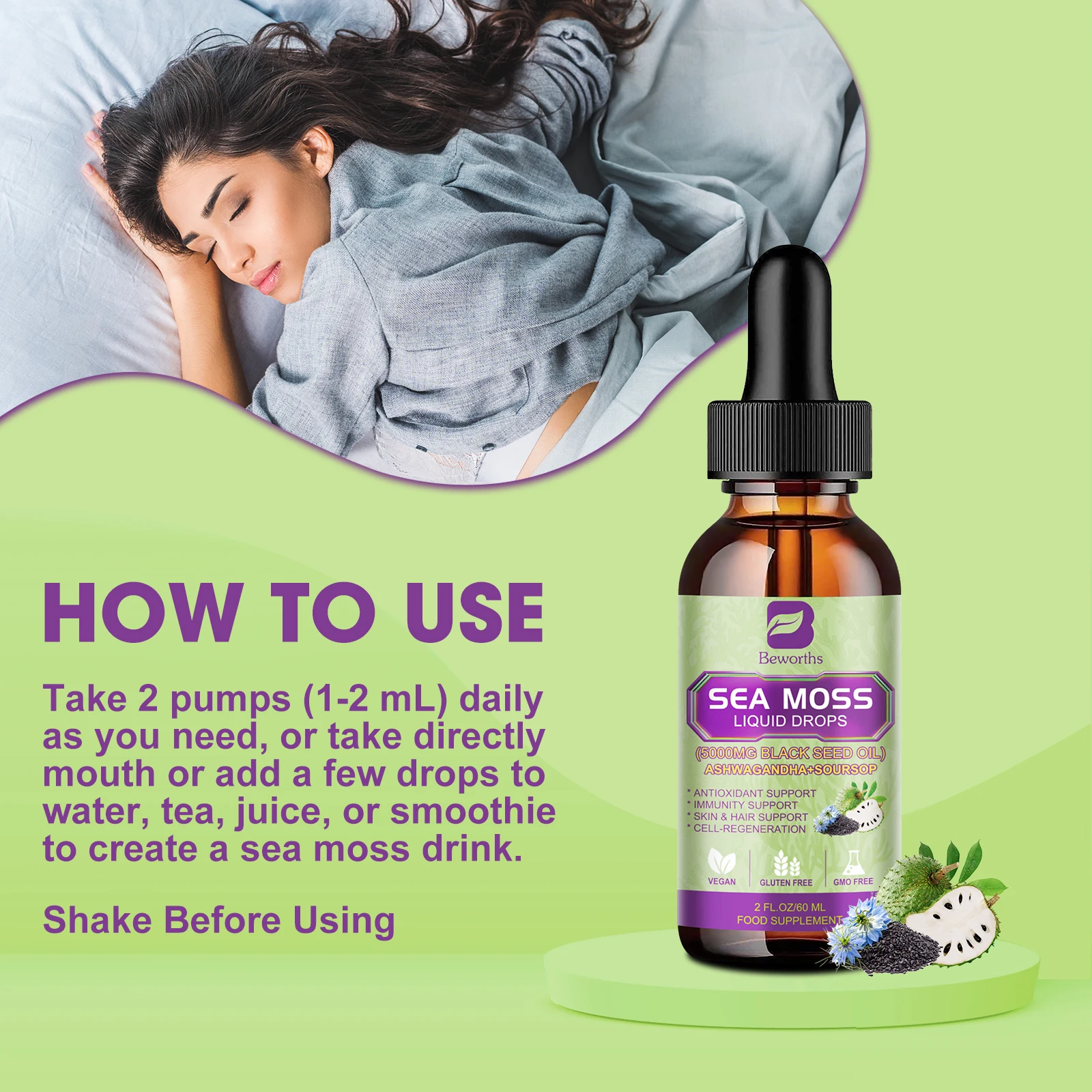 BEWORTHS Sea MOSS& Soursop Graviola Extract Drops Support Immunity and Kidney Health, Promote Digestion and Antioxidation