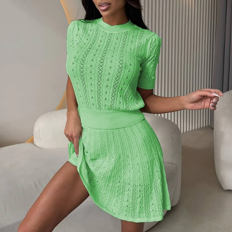 

Simple Solid O Neck Short Sleeved Top with Mini Skirt Suit Vacation Casual Party Outfit Summer Hollow Knitted Slim Women 2pc Set