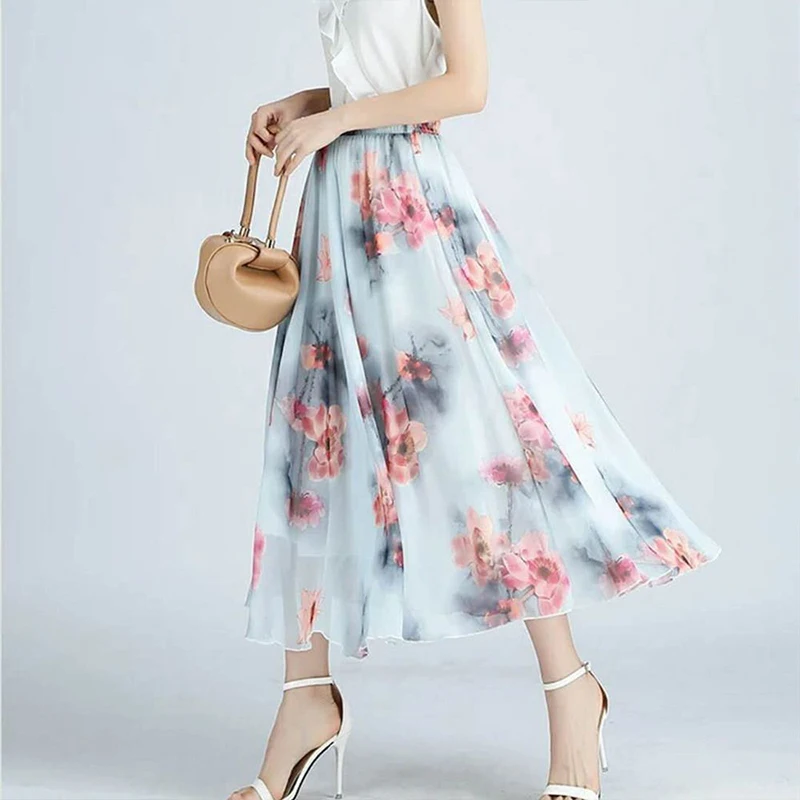 Summer New Elegant Fashion Aesthetic Sweet Gentle Young Style Prairie Chic Casual Elastic Band Printed Floral Long Skirt Women