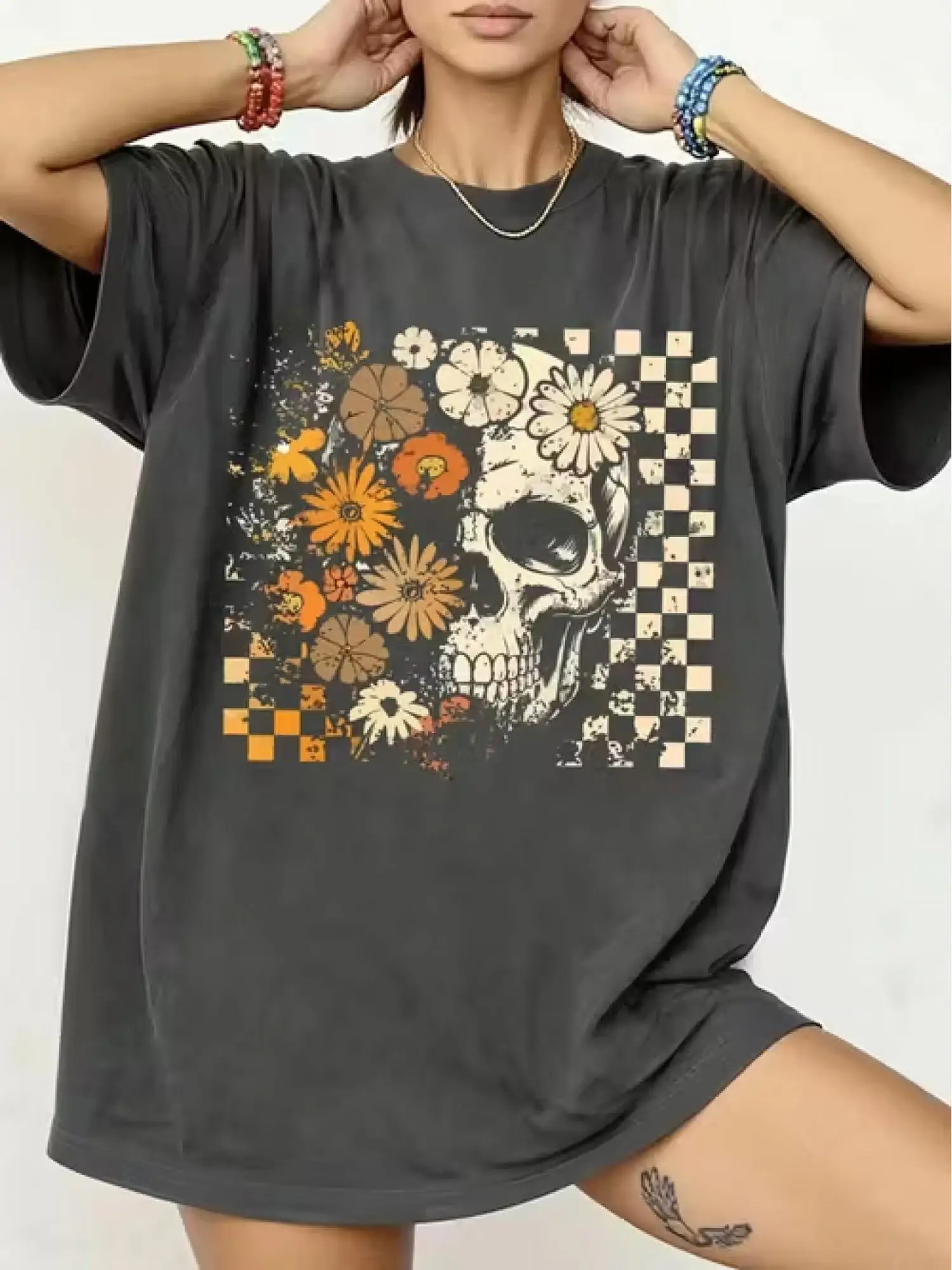 Vintage Gothic T-Shirt - Skull and Flower Print Casual Top | Suitable for Daily Wear, Gifts, Christmas, Valentine's Day | Machine Washable Seasons Clothing for Home, Out and Stack (Non)