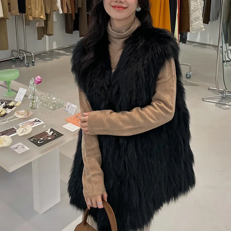 Double Weave Real Fox Fur Coat Solid Fluffy Vest Female Winter 2023 Long Fashion Young Jacket High Street Sleeveless Outerwear