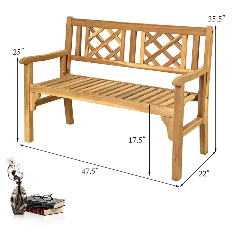 47.5-Inch Folding Bench, Acacia Wood, Supports 705 lbs, Ergonomic Design, Curved Backrest, Perfect for Outdoor Use