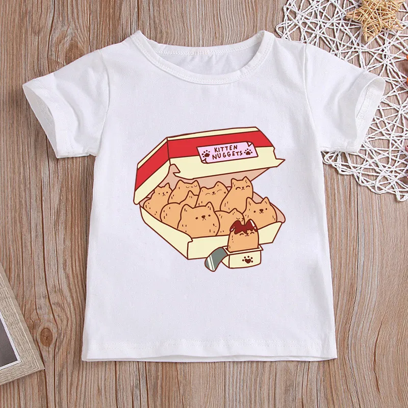 Kitten Nuggets Fast Food Cat Happy Print Cartoon Kids T shirt Girls Summer Tops Baby Boys Clothes Children Short Sleeve T-shirt