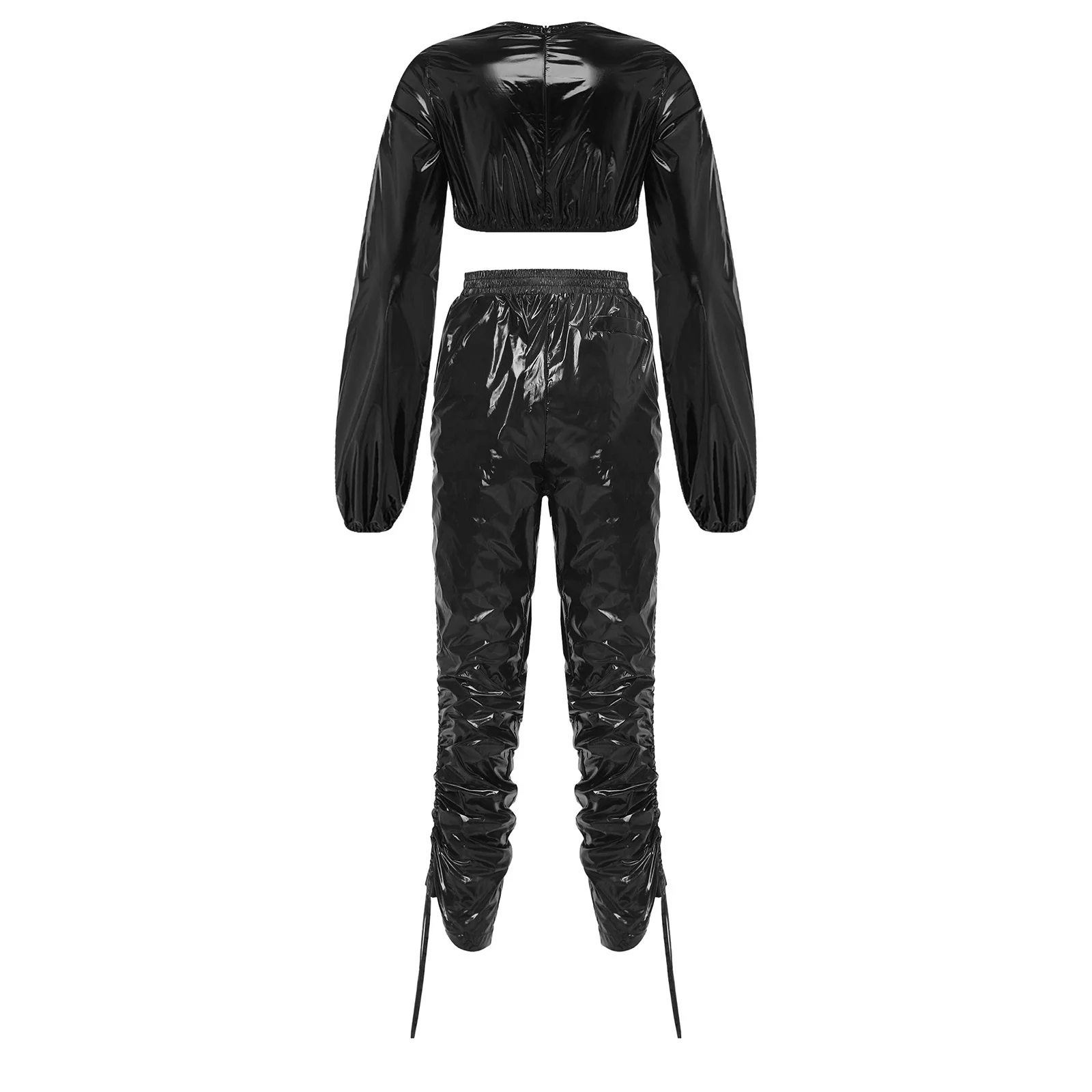 Women Glossy Waterproof Outfit Crop Top with Drawstrings Capri Pants Beach Pool Swim Workout Camping Club Dancing Party Costume view 4