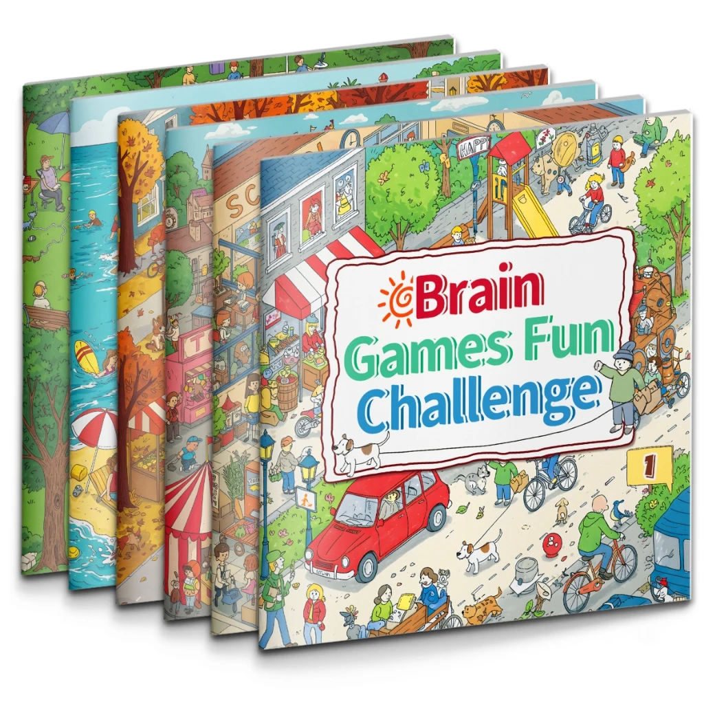 Brain Games Fun Challenge—6-Book Puzzle Set for Kids: Seek & Find, Spot the Difference, Matching, Counting, Logic, Word Search