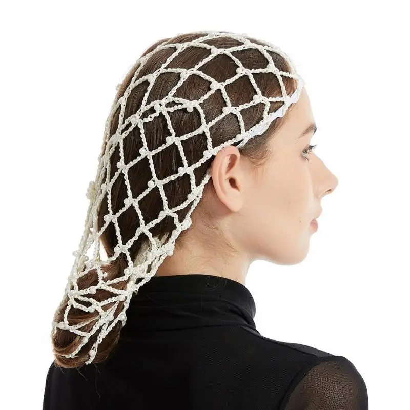 39BD Women Ethnic Crochet Hair Net Caps with Artificial Pearls Snood Turban Hat Great for Formal Event and Everyday Wear