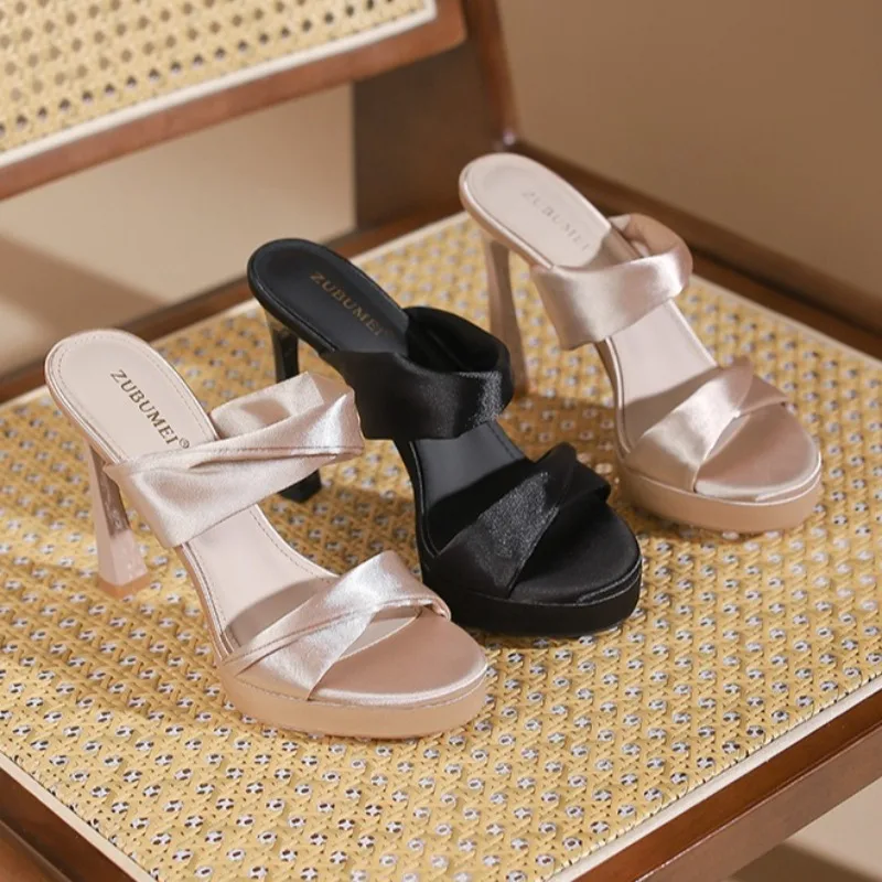 Slippers Woman Summer Outside Waterproof Table Satin Stiletto High Heeled Sandals Women's 2026 New Round Toed Women's Shoes