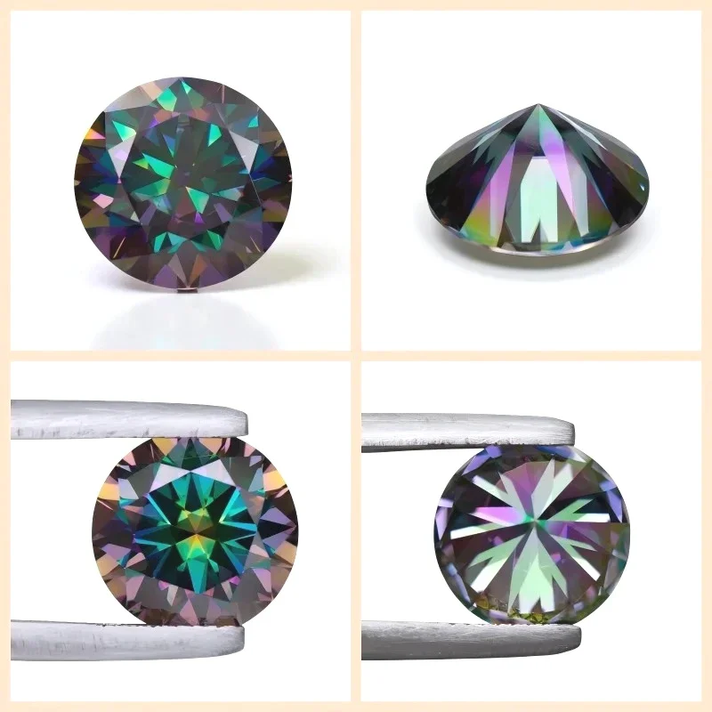 

Moissanite Stone Round Cut Rainbow Green Loose Gemstone For Jewelry Making With GRA Certificate Pass Diamond Tester