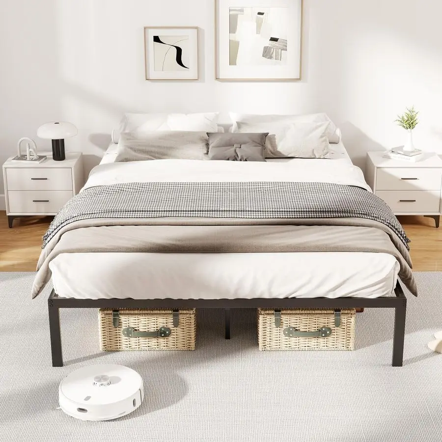 4FT6 Double 5FT King Frame, 30cm High Metal Platform Bed with Underbed Storage, Steel Slat Support Bedstead Mattress B