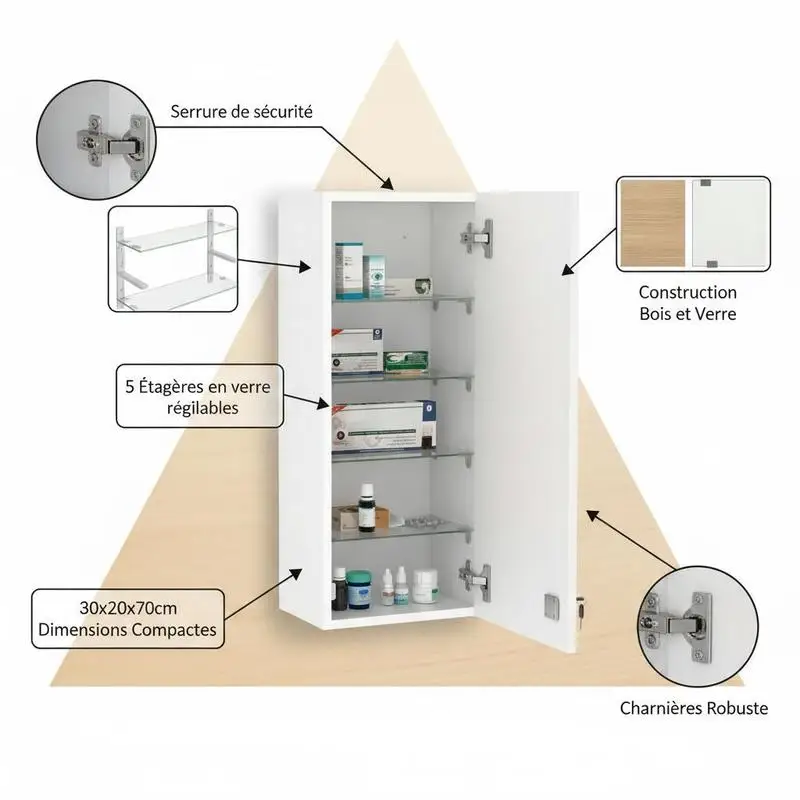 Armoire à pharmacie murale avec serrure, 5 étagères et tablettes réglables, bois et verre, blanc, 30x20x70cm