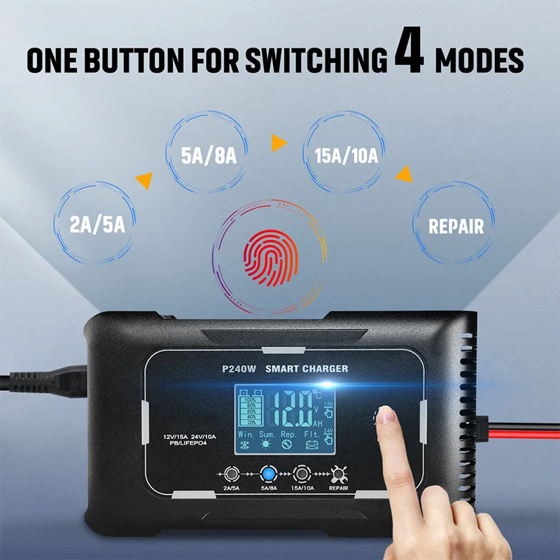 Full Automatic Car Battery Charger 12V/24V Smart Pulse Repair LCD Display Fast Power Smart Charging Wet Dry Lead Acid