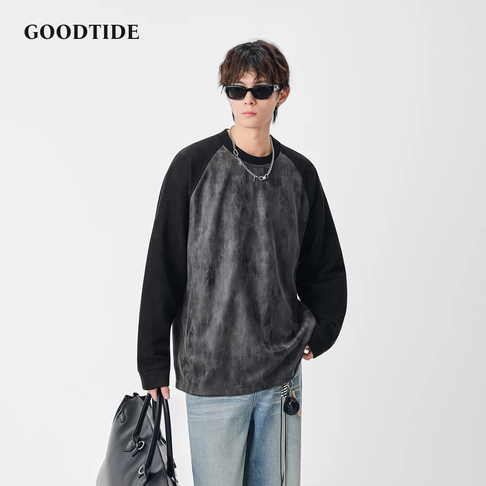 

Модная мужская повседневная толстовка с круглым вырезом, зима 2025 года, потертый узор, контрастные рукава реглан, дизайн, удобный повседневный топ