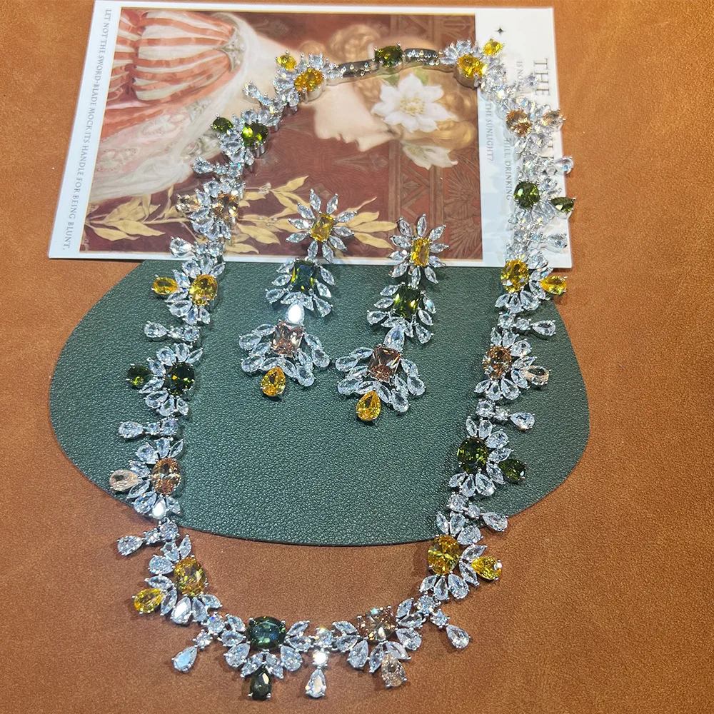 Color treasure super flash full zirconium inlaid Italian jewelry set fashionable exquisite necklace S925 earrings cross-border e