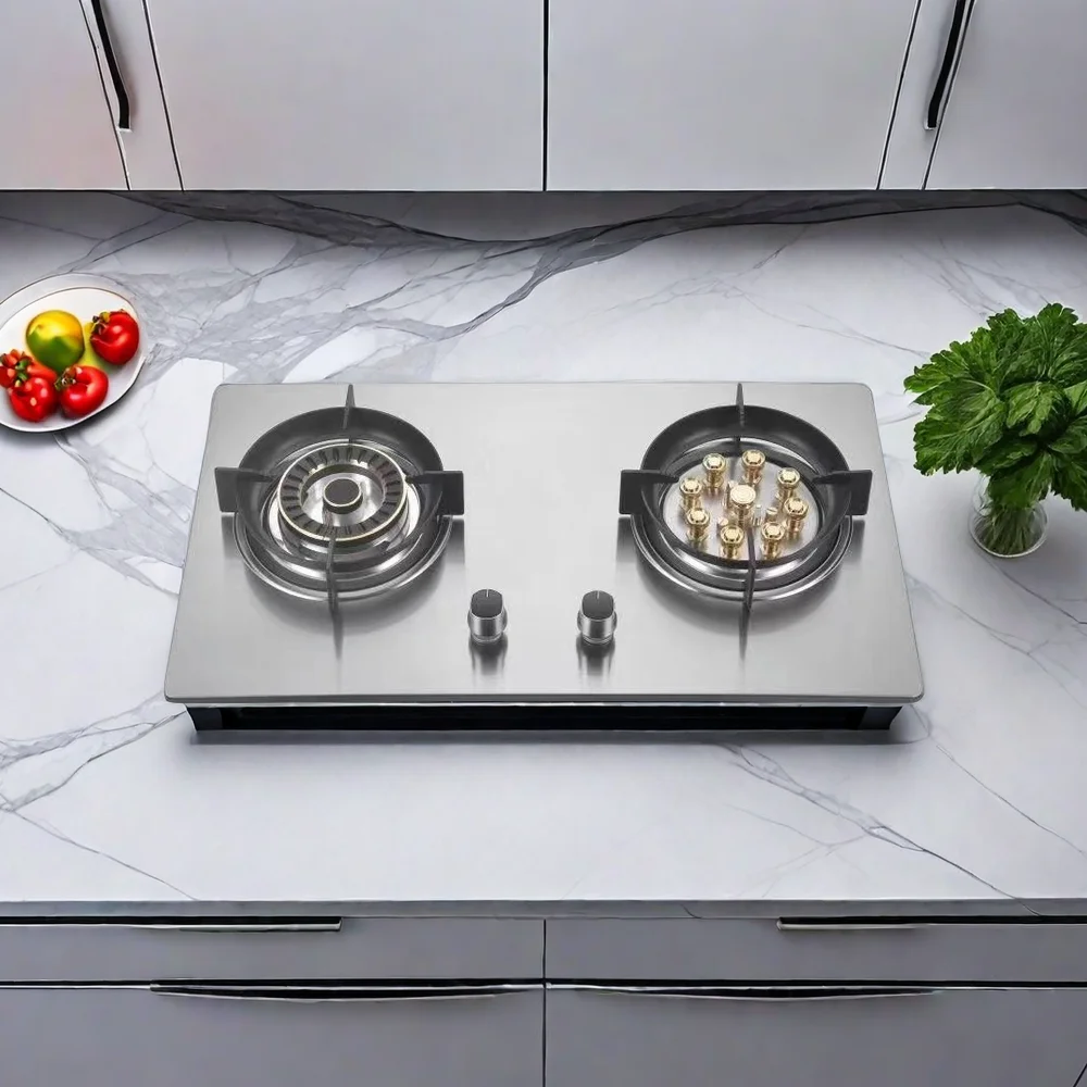 Cuisinière à gaz en acier inoxydable, haute qualité, 2 brûleurs, 9 soutes, couleur argent, nouvelle conception, expiration du verre, classe A, vente en gros