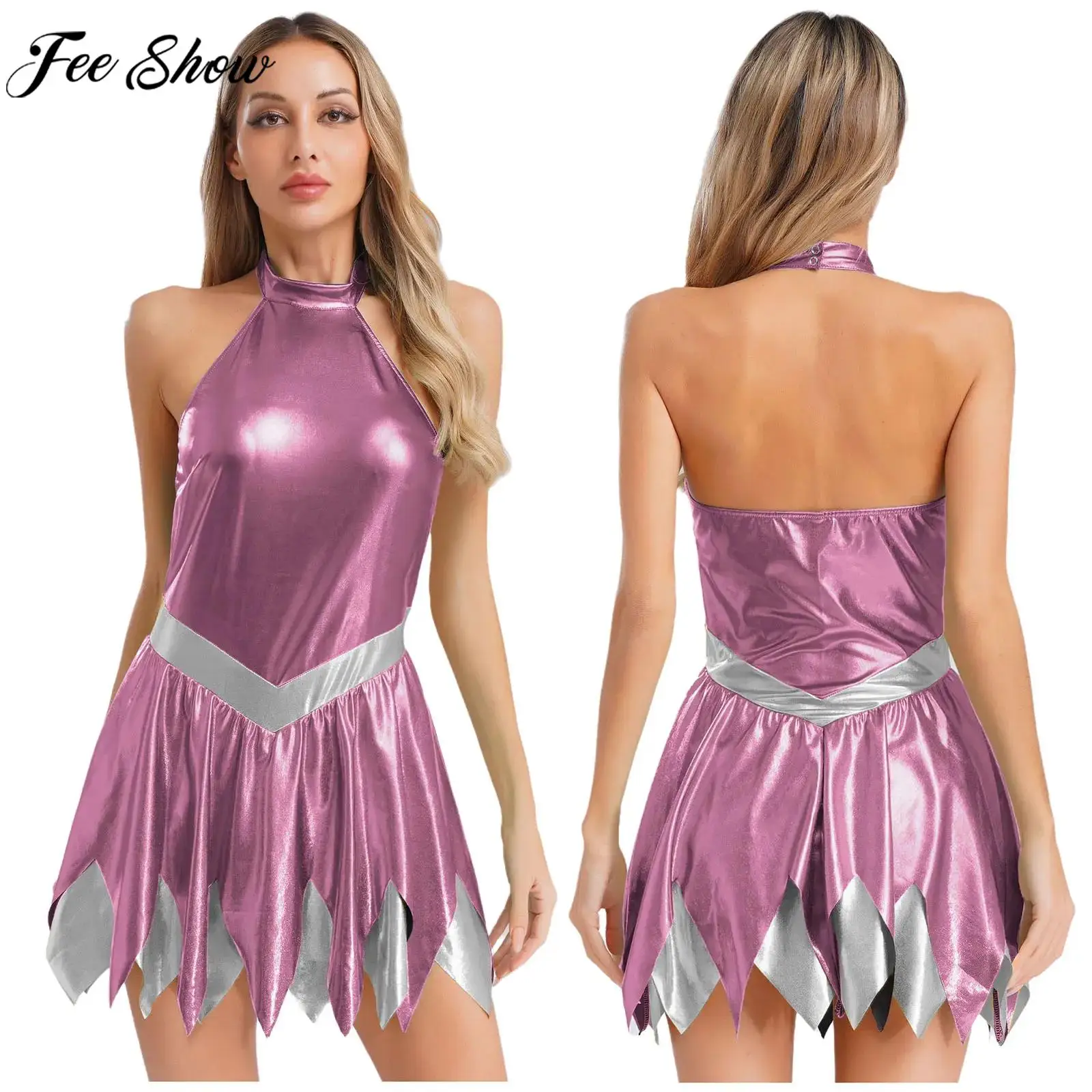 

Женский костюм эльфа феи на Хэллоуин, карнавальный костюм без рукавов, блестящее металлическое трико, платье для тематической вечеринки, карнавала, маскарада