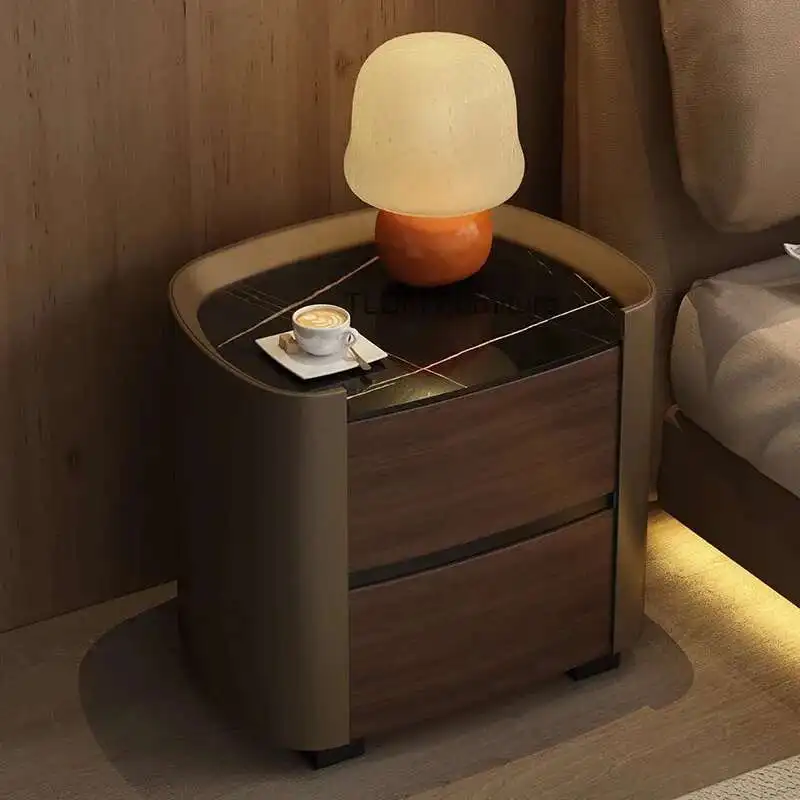 

Rock Board Bedroom Double-layer Storage Bedside Table Living Room Contrast Color Storages Cabinet TV Side Cabinets