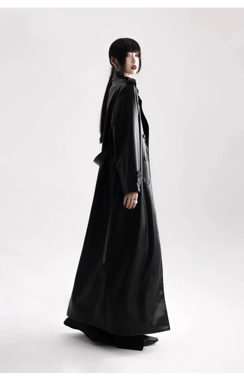 Lautaro Spring Autumn Extra Long Black Soft Pu Leather Trench Coat for Women Double Breasted Loose Casual Korean Fashion 2024
