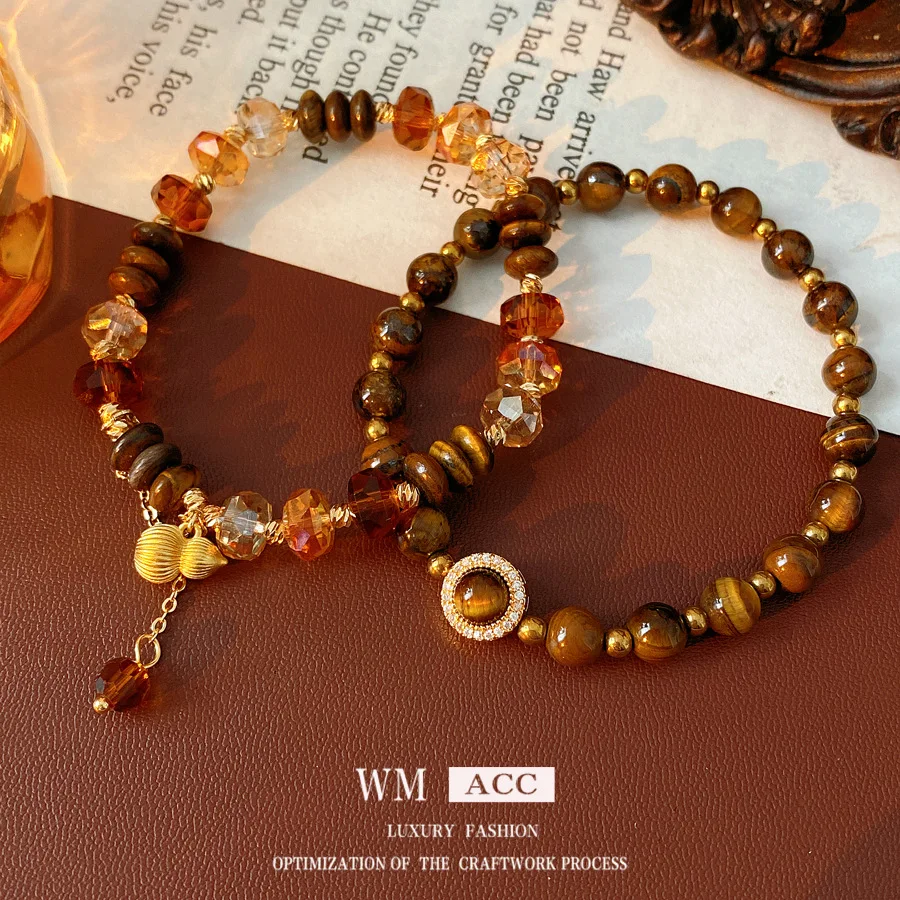 

Натуральный браслет из камня тигровый глаз, круглые бусины в форме тыквы, новое китайское ретро-украшение, нишевый высококачественный универсальный аксессуар для женщин