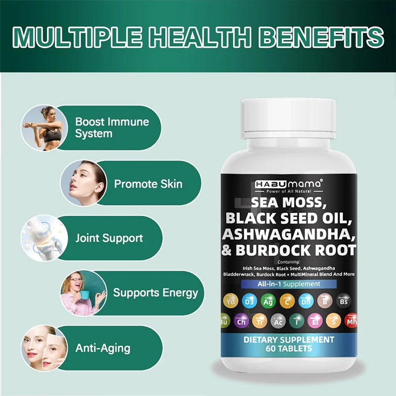 Organic Sea Moss Capsules with Sea Moss Black Seed Oil Ashwagandha Ginger Burdock Root for Immune System Skin Energy Support