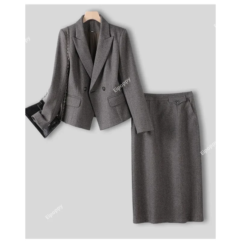 Costumes jupe formels pour femmes, vêtements de travail élégants pour dames, blazer de bureau, ensemble 2 pièces, gris, café, rose, nouveau, 2024