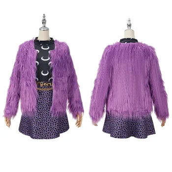 애니메이션 몬스터 클로 딘 늑대 코스프레 학교 코스튬 할로윈 의상, 여성 소녀 보라색 솜털 코트 벨트 유니폼 스커트