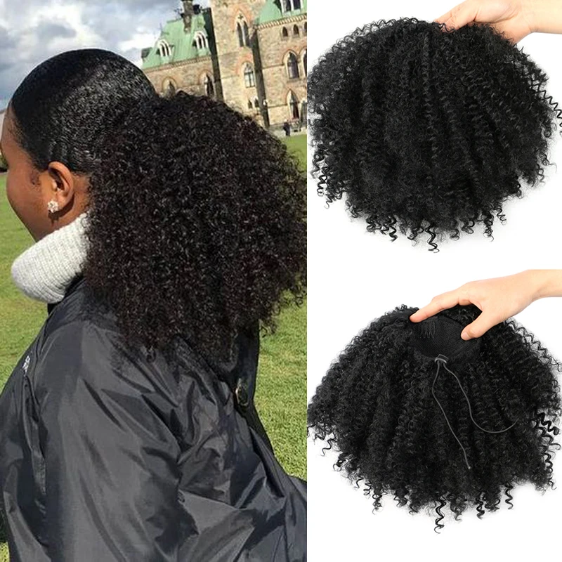 Synthetic Afro Puff Curly Chignon 10inch Short Kinky Curly Drawstring Ponytail Hair Extension Hairpieces For Women