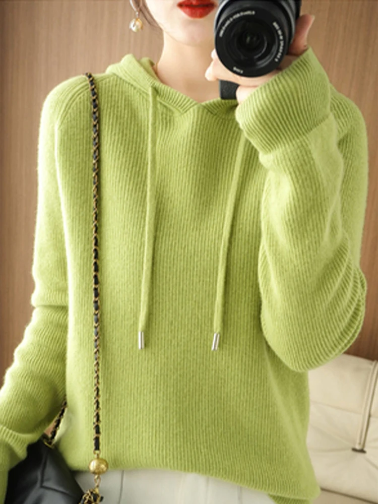 Casual 30% Merino Wool Women Sweater Hooded Female Knitted Pullover Soft Long Sleeve Outerwear Solid Jumper Clothing Tops Sales