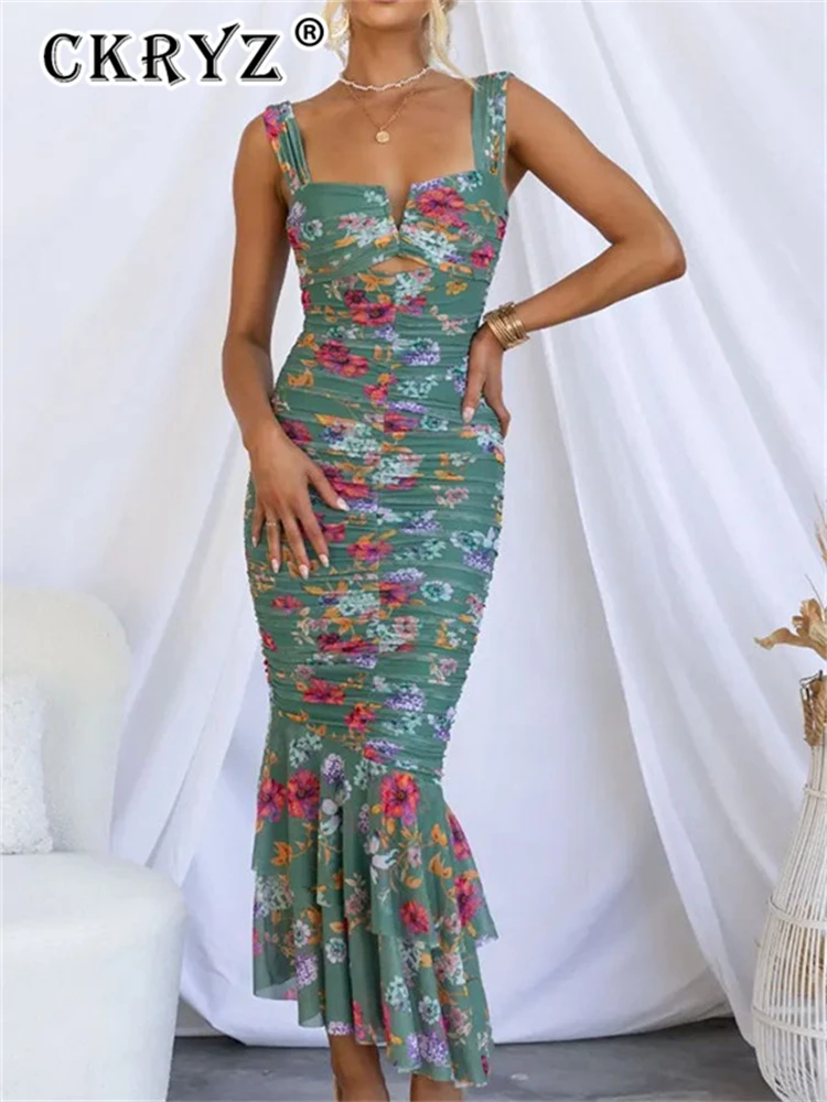 Robe de soirée dos nu à imprimé floral pour femmes, robes maxi, tenues d'anniversaire, vêtements d'automne, nouvelle mode, été