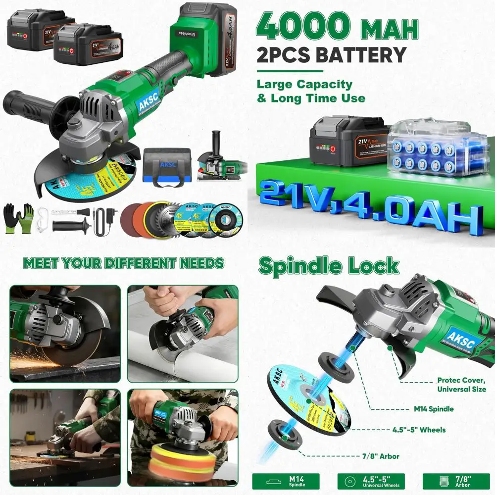 

Угловая шлифовальная машина Cordle Grinder 4-1/2 дюйма, 20В, аккумуляторная, 3 скорости, бесщеточный двигатель, LED-подсветка, набор шлифовальных дисков