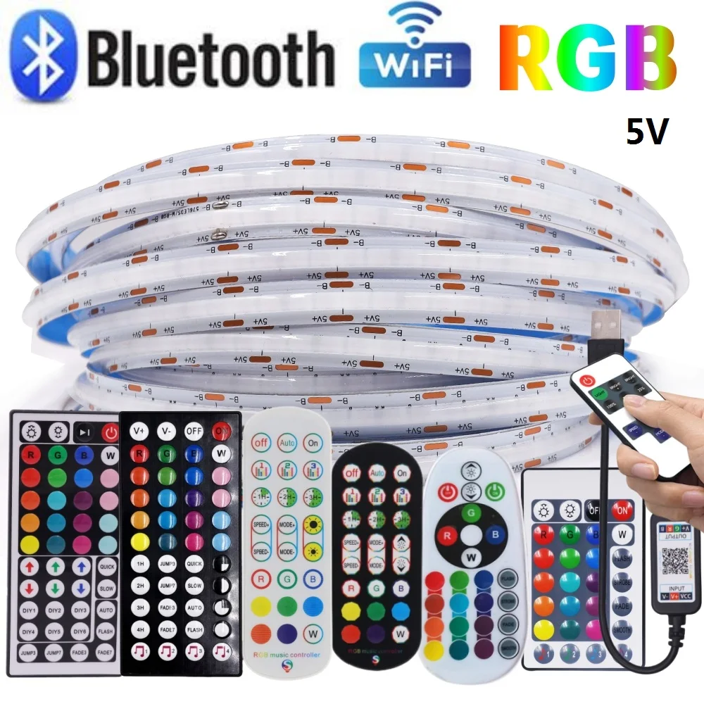 5V RGB COB Dimmable LED Strip Light USB Bluetooth WIFI Remote Control 576LED/M Flexible Tape RA90 High Density Linear Lighting