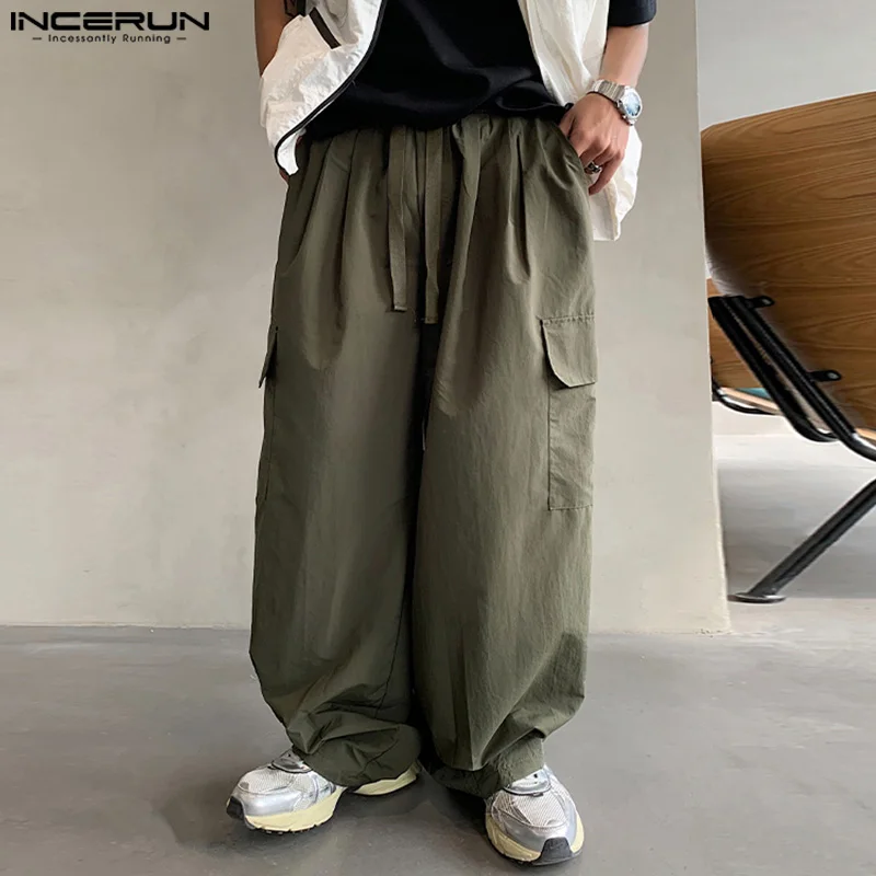 

INCERUN 2024 American Style Trousers Men's Stylish Loose Cargo Long Pants Male Streetwear Solid Pockets Wide Leg Pantalons S-5XL