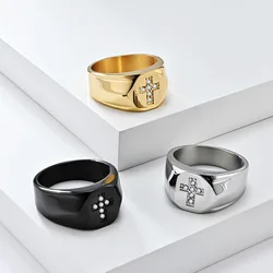 Men's Signet Ring with Zirconia Cross Blakc Gold Color Stainless Steel Promise Ring New Faith Jewelry Wholesale