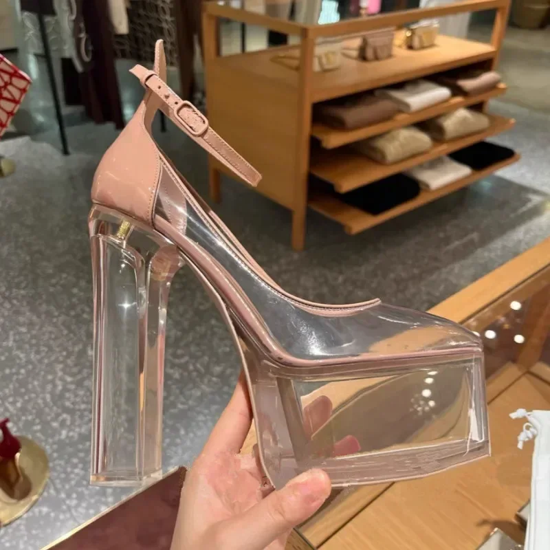 Zapatos de tacón superalto para mujer, calzado de cuero con suela gruesa, a la moda, para fiesta, boda, verano, 2024