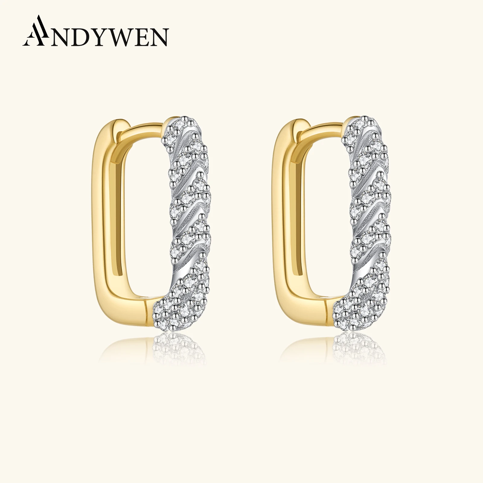 

ANDYWEN стерлингового серебра 925 пробы с двойным цветным покрытием CZ циркон квадратные серьги-кольца 2025 стильные геометрические украшения для женщин подарок