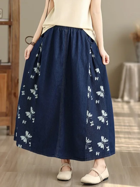 

Ретро-юбка А-силуэта из денима с высокой талией, больших размеров, свободного кроя, с принтом и пэчворком, длинная, для женщин, весна-лето, новый стиль