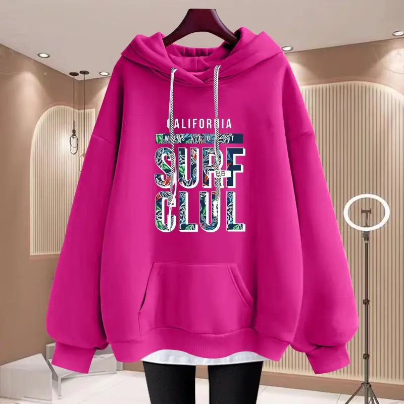 Frauen Hoodies Winter Warme Fleece Übergroßen Pullover Weibliche Beiläufige Lose Taschen Mit Kapuze Sweatshirts Chic Brief Gedruckt Pullover