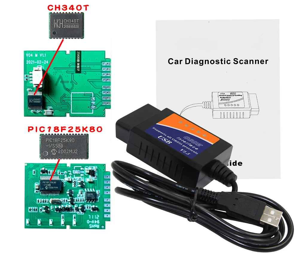 Usb with PIC18F25K80 CH340T chip car diagnostic instrument, support PC