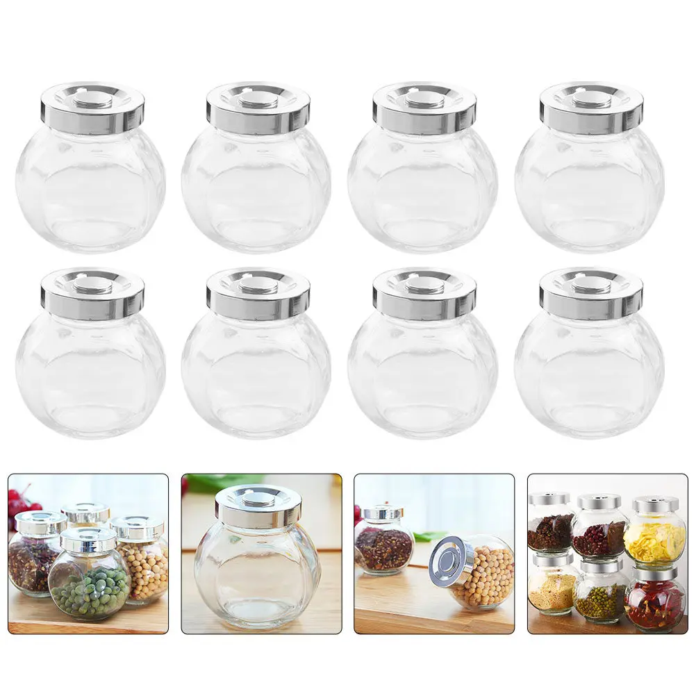 8Pcs Lightweight Portable Glass Storage Jars Transparent Airtight Canisters for Food Storage Tea Coffee Beans Rice Cereal