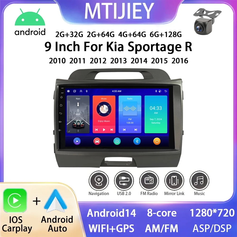 

Android 14 GPS 9" For Kia Sportage R 2010 - 2016 Car Navigation Touch Screen Player Navigator Wireless Carplay and Android Auto
