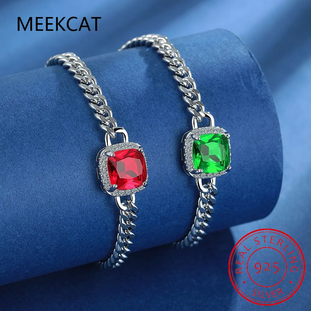 Princess Cut Square Green Nano Emerald Created Red Ruby 925 Sterling Silver Bracelet for Women Statement Gemstone Jewelry